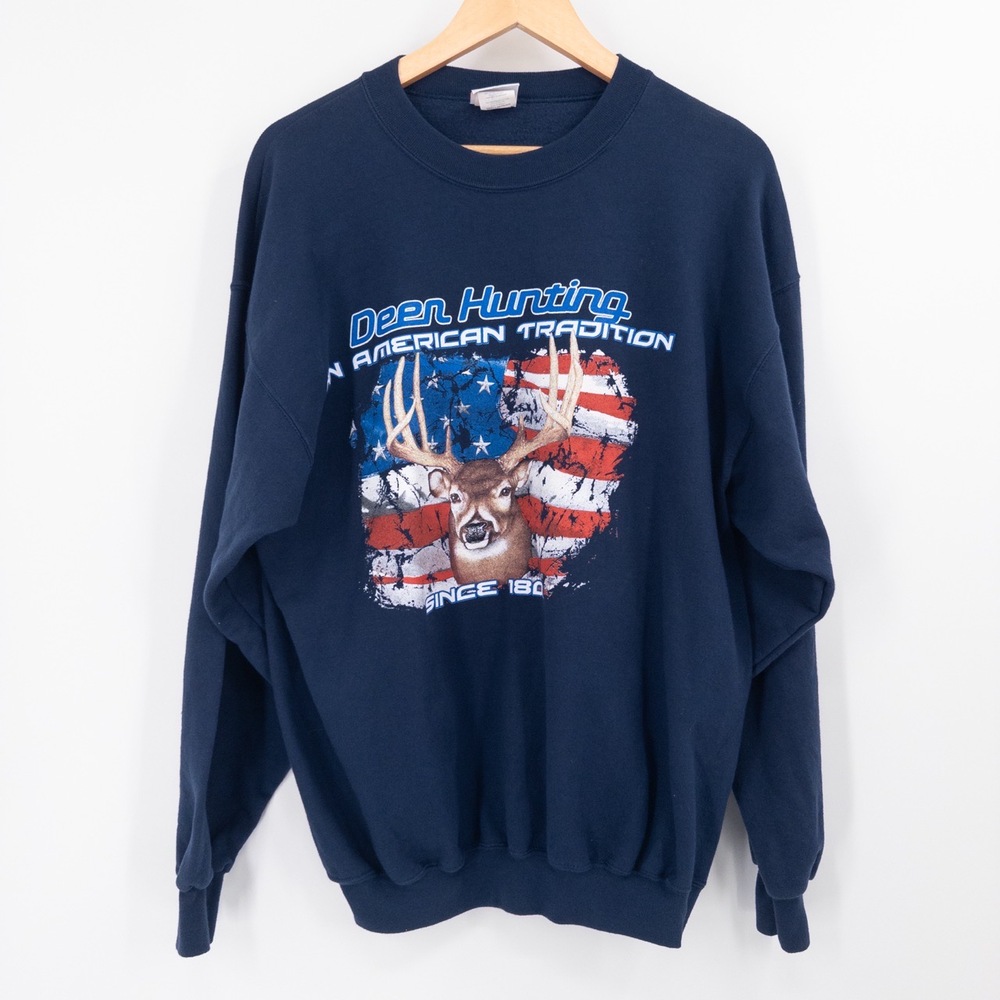 Vintage 90s Deer Hunting Sweatshirt‎ Mens L USA Flag Patriotic Outdoors Blue